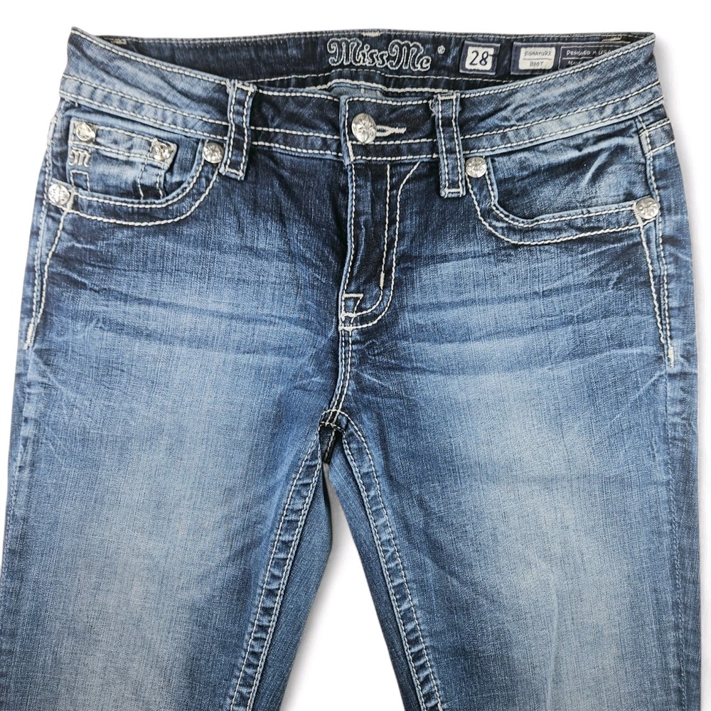 Miss Me Signature Boot Jean 28 Bootcut Angel Wing Pockets Stretchy Inseam 31.5" - Picture 4 of 14